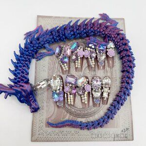 Luxury Dragon Ring Press-On Nails | Rhinestone 3D Flower | Long Coffin